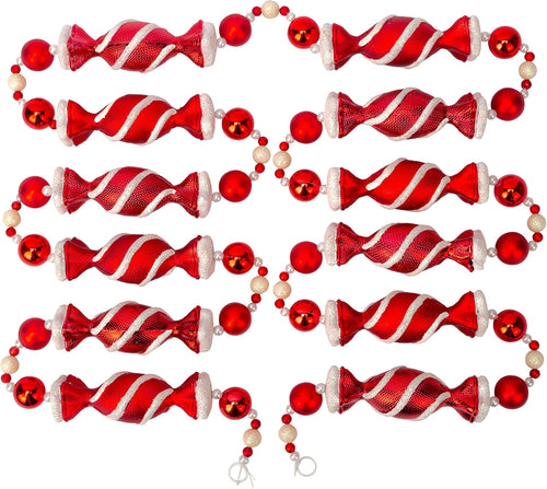 9 Foot Red & White Candy Peppermint Bead Christmas Garland | Large Shatterproof Glitter Beaded Christmas Tree Garland for Retro Vintage Candy Trees | Garland Christmas Decorations for Indoor Use