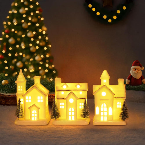 Ceramic White Christmas Village Houses 3Pcs Light up Small Porcelain Village House with 4Pcs Christmas Trees LED Lighted Tabletop House Figurines Christmas Decorations for Holiday Winter Home Decor
