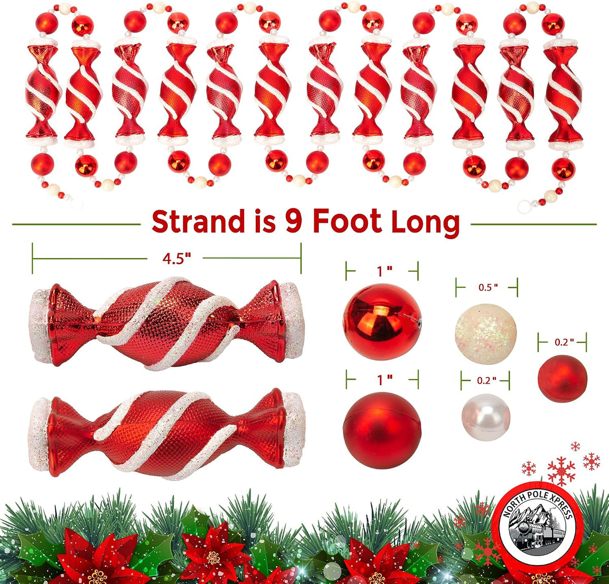 9 Foot Red & White Candy Peppermint Bead Christmas Garland | Large Shatterproof Glitter Beaded Christmas Tree Garland for Retro Vintage Candy Trees | Garland Christmas Decorations for Indoor Use