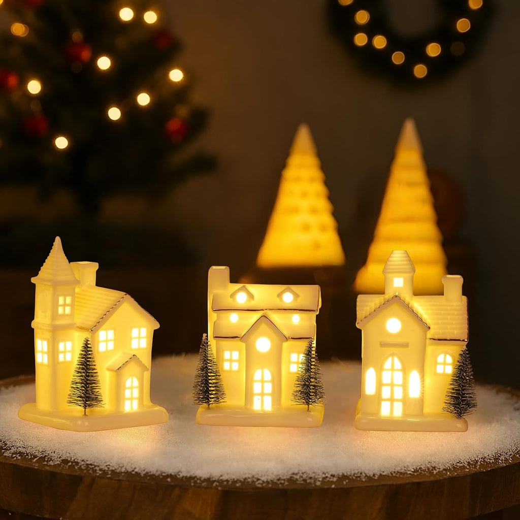 Ceramic White Christmas Village Houses 3Pcs Light up Small Porcelain Village House with 4Pcs Christmas Trees LED Lighted Tabletop House Figurines Christmas Decorations for Holiday Winter Home Decor