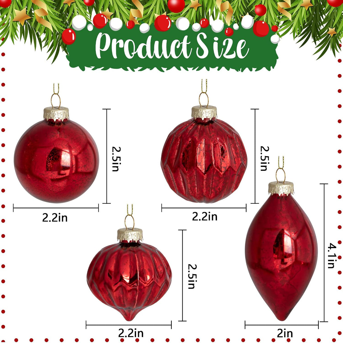 8 Pcs Mercury Glass Finials Christmas Ornament - Vintage Red Hanging Ball