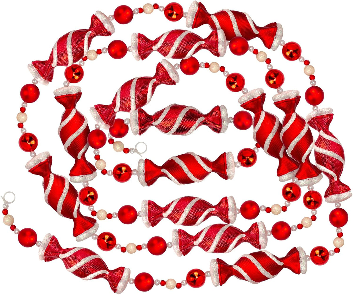 9 Foot Red & White Candy Peppermint Bead Christmas Garland | Large Shatterproof Glitter Beaded Christmas Tree Garland for Retro Vintage Candy Trees | Garland Christmas Decorations for Indoor Use