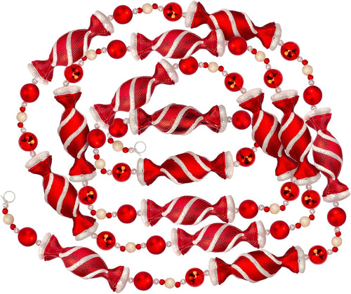 9 Foot Red & White Candy Peppermint Bead Christmas Garland | Large Shatterproof Glitter Beaded Christmas Tree Garland for Retro Vintage Candy Trees | Garland Christmas Decorations for Indoor Use