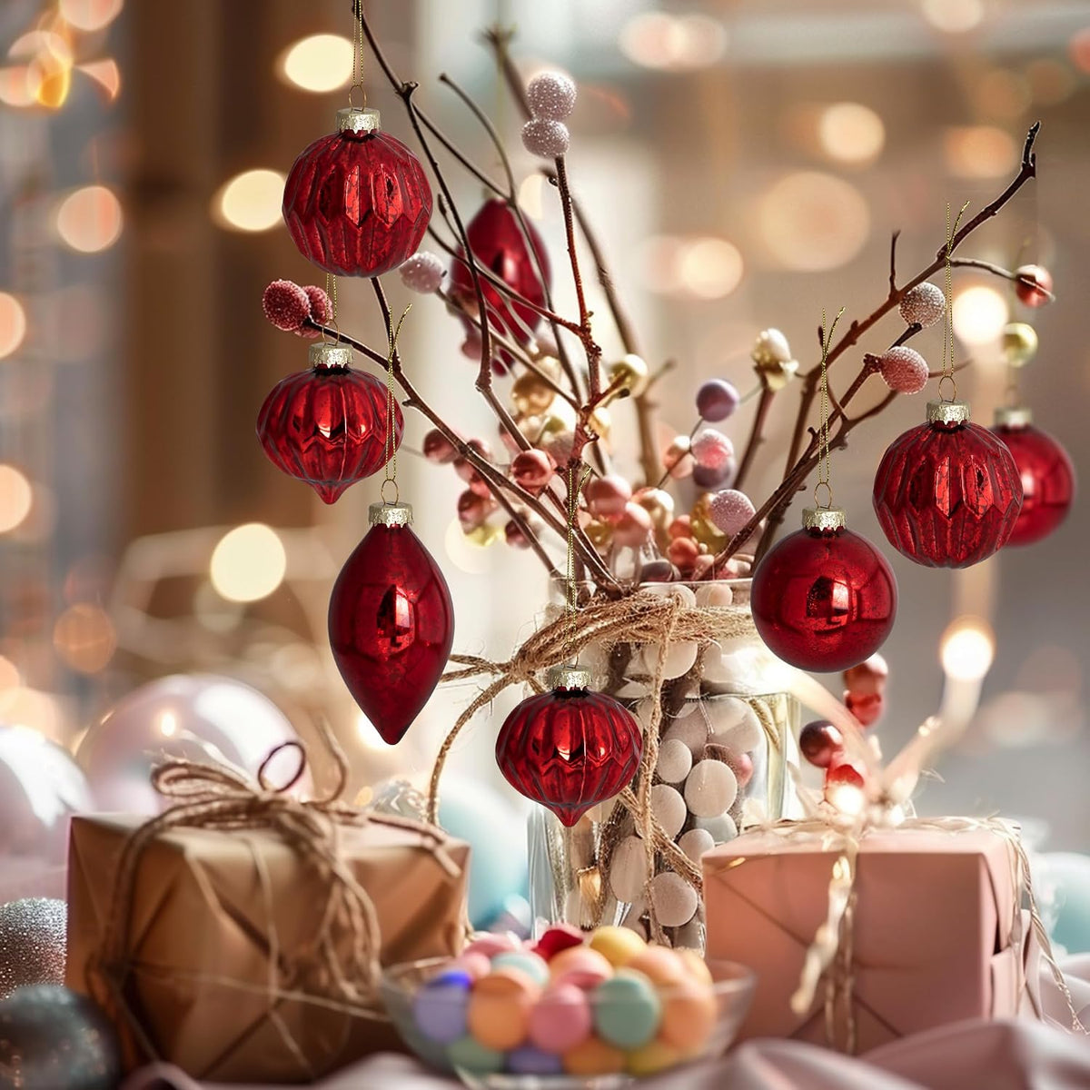 8 Pcs Mercury Glass Finials Christmas Ornament - Vintage Red Hanging Ball