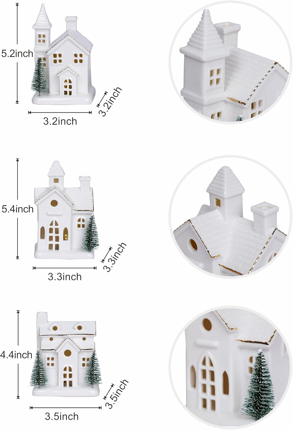 Ceramic White Christmas Village Houses 3Pcs Light up Small Porcelain Village House with 4Pcs Christmas Trees LED Lighted Tabletop House Figurines Christmas Decorations for Holiday Winter Home Decor