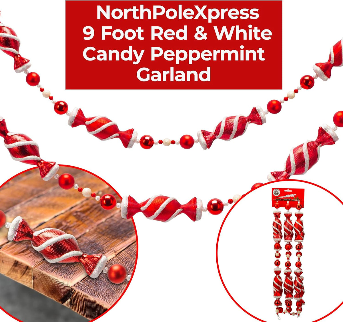 9 Foot Red & White Candy Peppermint Bead Christmas Garland | Large Shatterproof Glitter Beaded Christmas Tree Garland for Retro Vintage Candy Trees | Garland Christmas Decorations for Indoor Use