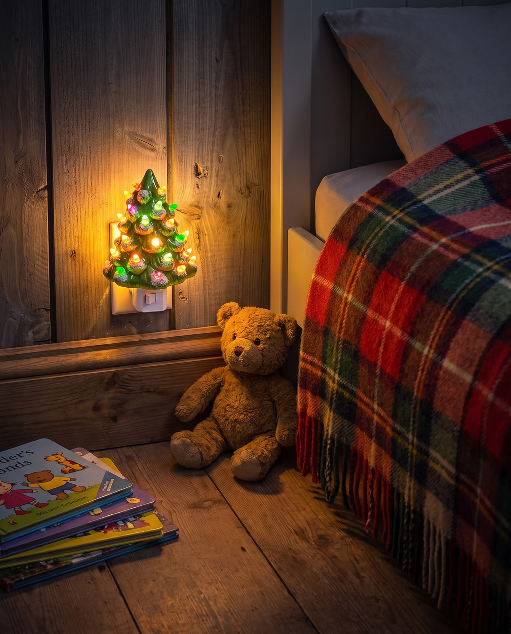 Night light glowing in a cozy bedroom