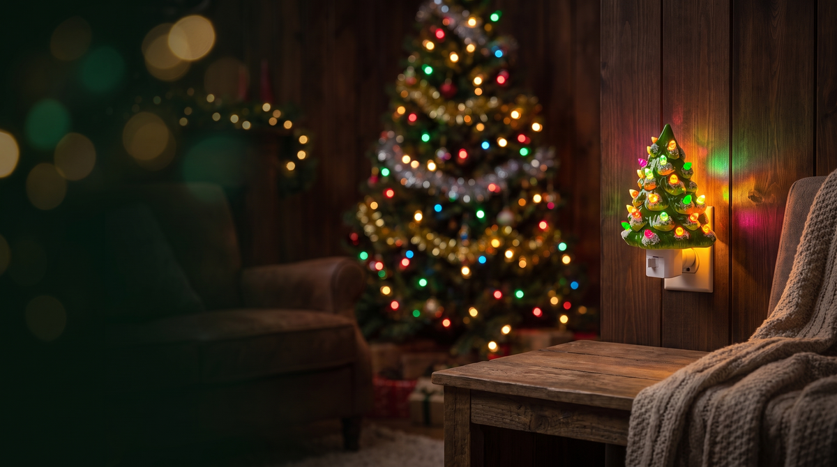 Vintage ceramic Christmas tree night light glowing in a cozy living room