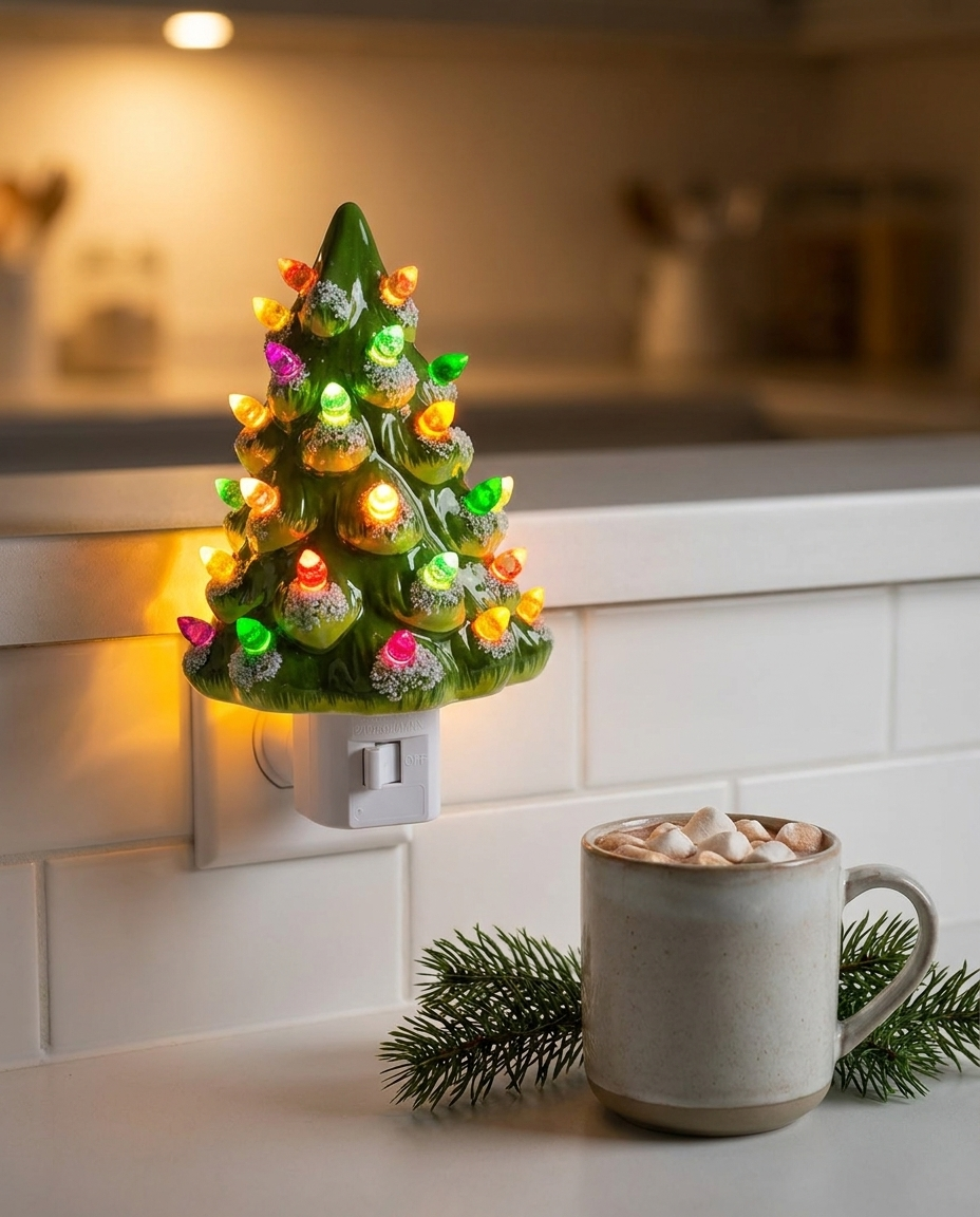 Ceramic Christmas tree night light glowing on a kitchen outlet