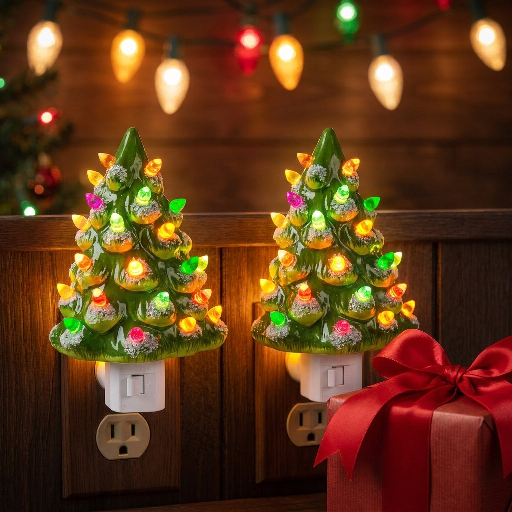 Two ceramic tree night lights next to a gift